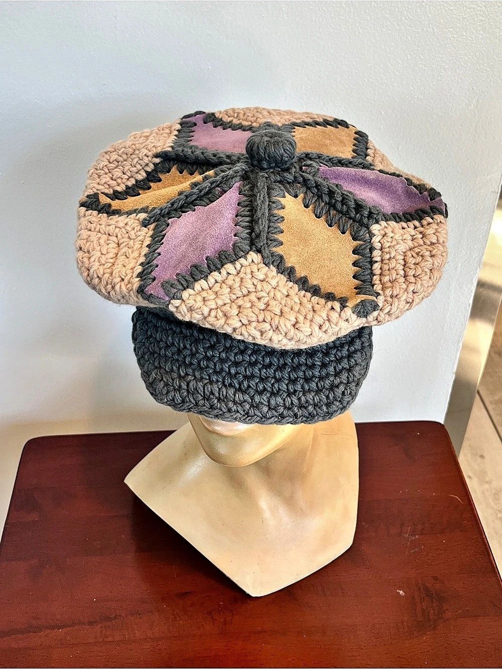 Vintage Jondale Hand Made Italian Wool & Suede Patchwork Newsboy Cap